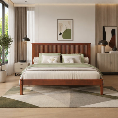 Solid Rubber Wood Bed with Wave-Styled Headboard,Central Support Beams and Reinforced Platform Feet