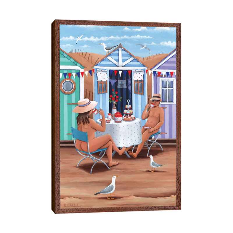 Beach Huts Afternoon Teas by Peter Adderley - Print on Canvas, Classic Brown Wood Framed, 101.6 cm H x 66.04 cm W