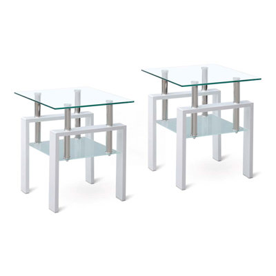 Table de bout en verre trempé transparent, petite table avec rangement 2 couches
