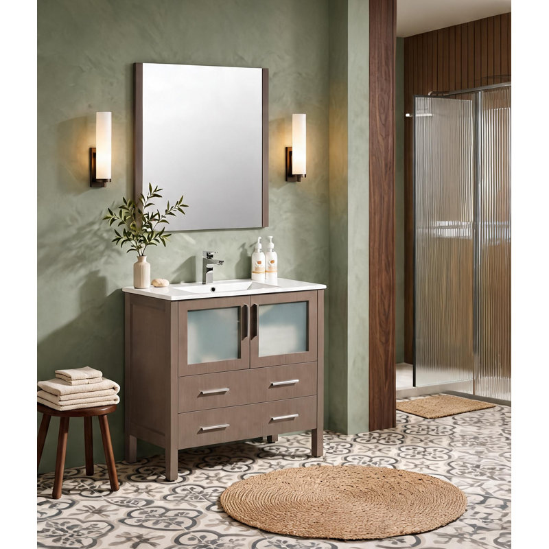 Ensemble de meuble-lavabo sur pied 36 po avec miroir, comptoir en céramique, portes en verre givré et tiroirs à fermeture en douceur