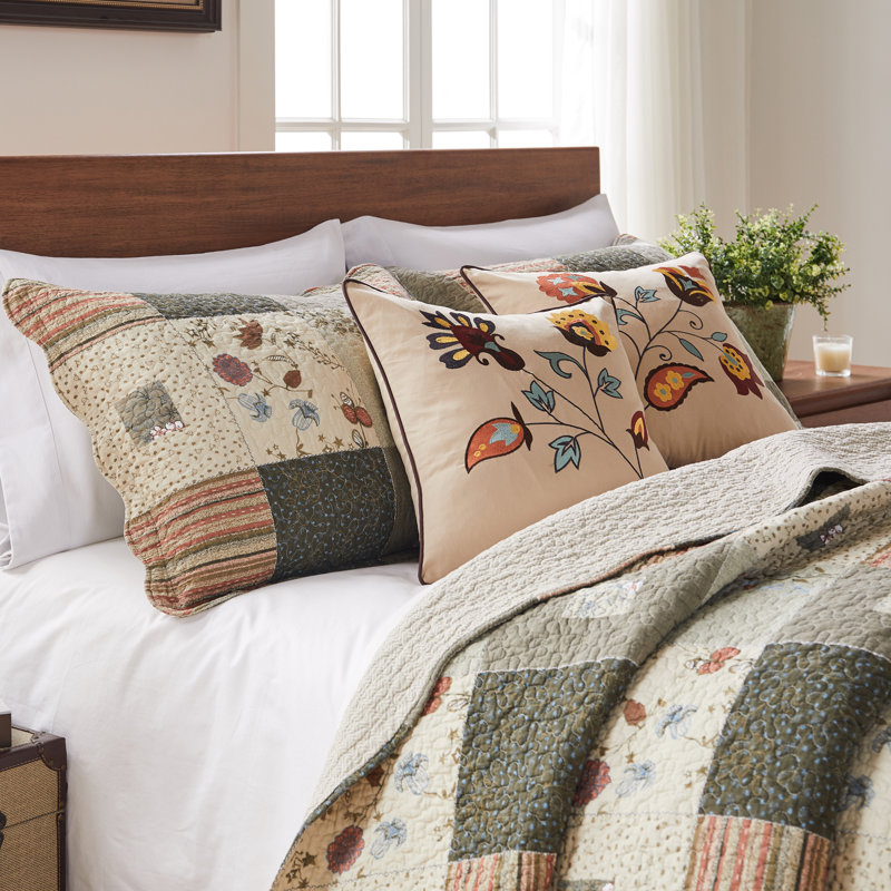 Gray and Beige Cotton Twin Quilt Set with Floral Embroidery