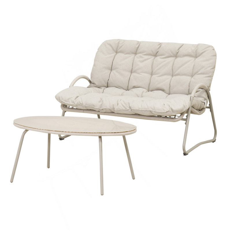 Ensemble de causeuse et de table basse d'extérieur moderne, ensemble de conversation de patio toutes saisons avec coussins épais, mobilier de bistro 2 pièces pour la cour, le balcon, le jardin, blanc cassé