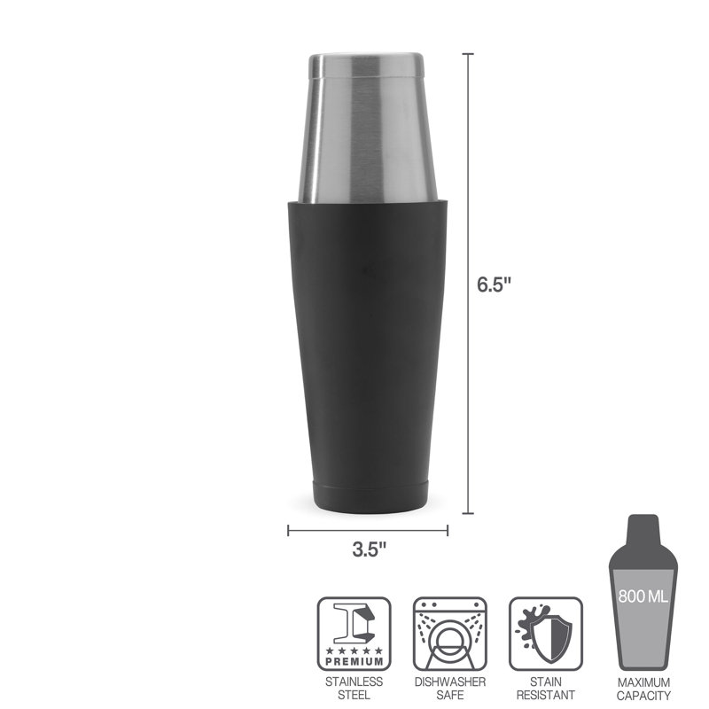 Sleek Black and Stainless Steel Boston Cocktail Shaker, 800ml