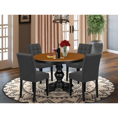 5-Piece Dining Room Table Set consists of a Dining Room Table and 4 Dark  Polyester Fabric Dining Chairs with Stylish Back - Black