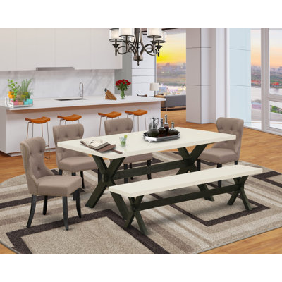 L'ensemble de table de cuisine 6 pièces contient une table de salle à manger rectangulaire avec des pieds en X et 4 chaises Parson en tissu de lin avec banc, noir brossé