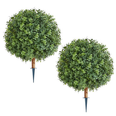 Arbres de buis artificiels topiaires avec piquet, lot de 2, 56 cm (22 pouces), faux arbustes et plantes en pot, faux arbres en soie d'aspect réaliste pour la décoration de porche, terrasse, jardin, balcon ou cour.