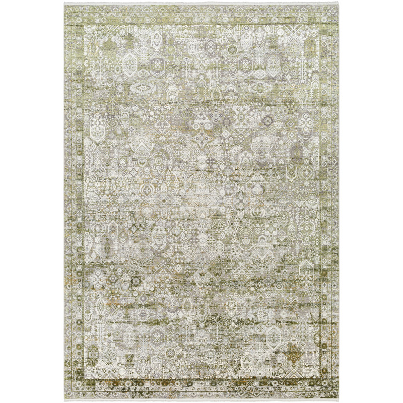 Solar Abstract Machine Made Power Loomed Viscose;Acrylic Area Rug in Olive Green, Runner 3' x 8'