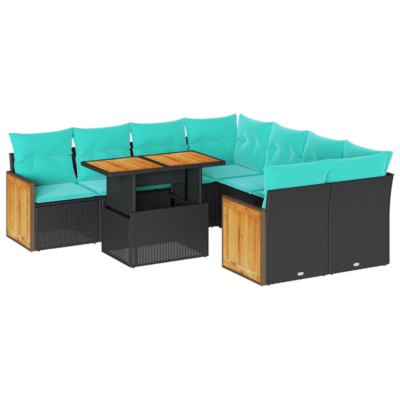  Ensemble de canapé de patio 9 pièces avec coussins en rotin de polyacacia noir