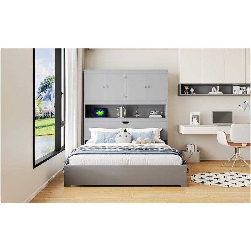 Lit plateforme double en bois avec USB, Gris