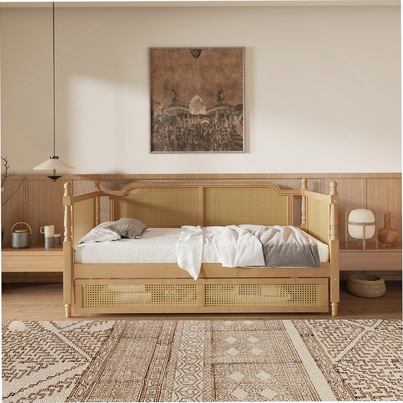 Traditional Style Rattan Daybed with 2 Drawers, Twin, Walnut