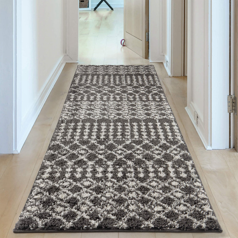 Moroccan Shaggy Collection Rugs Tangier Design in Dark Grey/Ivory, Runner 80 x 300 cm