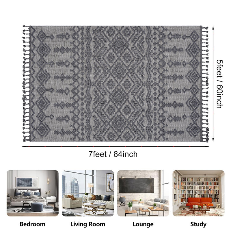 Comfy Area Rug 5' x 7', Grey Woven Cotton Bedroom Rugs, Modern Indoor Accent Rug Floor Carpet with Tassel for Living Room, Nursery Room, Dining Room, Bedside, Office, Patio Decor