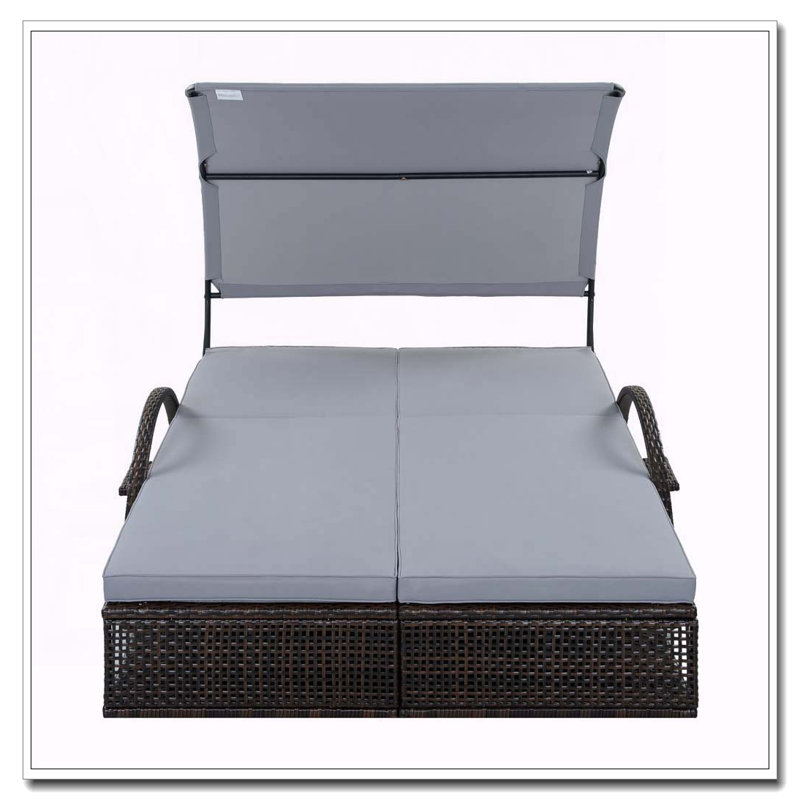 Outdoor Steel Frame Sun Lounger with Adjustable Backrest,Patio Double Sunbed with Hidden Side Table and Arched Armrests, Gray