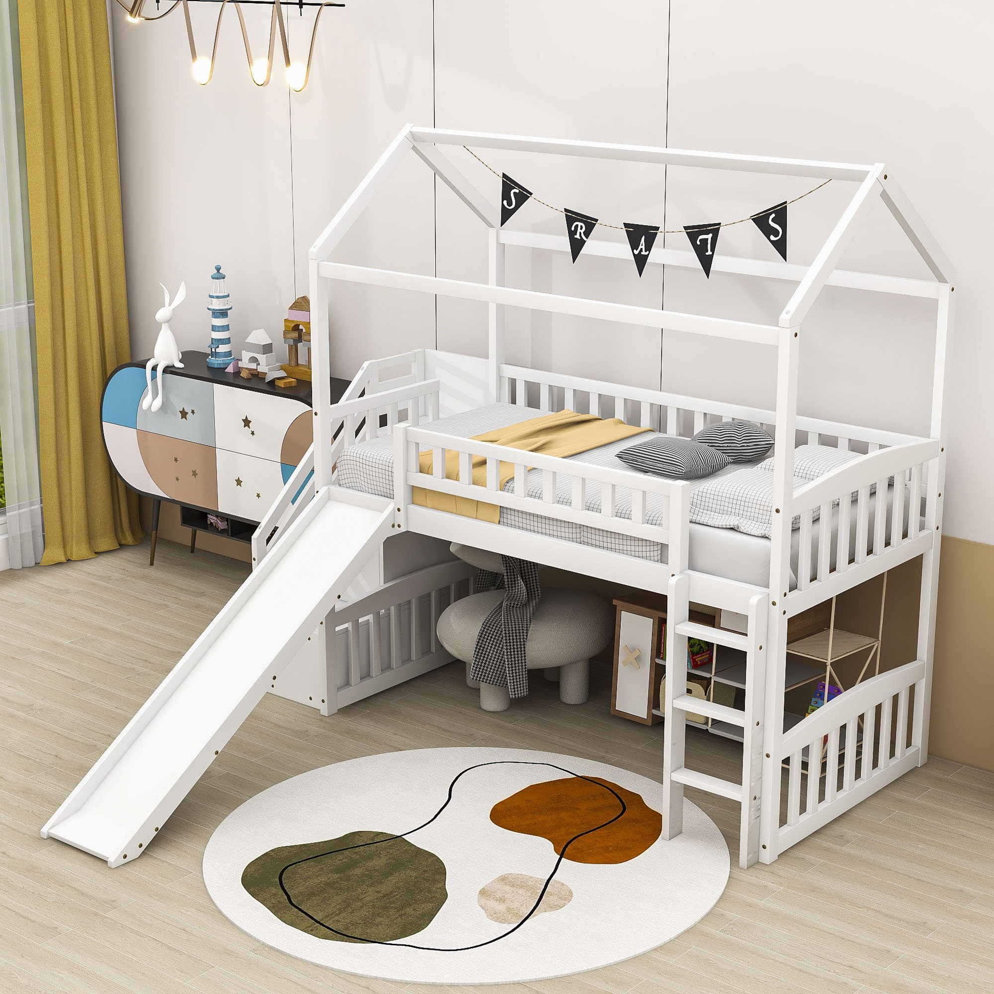 Harper Orchard Orwin Twin Size House Loft Bed with Slide and Storage ...