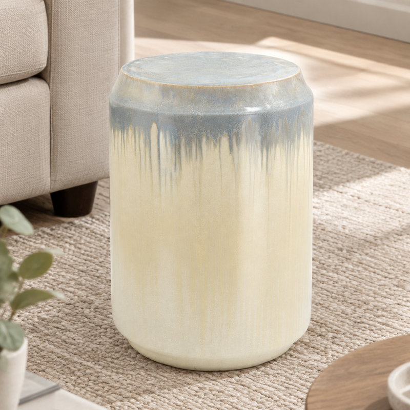 Tabouret de jardin rond en céramique avec table d'appoint et émail réactif, bleu et crème, 35,2 x 35,2 x 47,8 cm