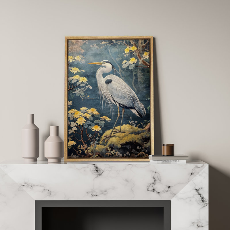 «Blue Heron in Lotus Garden», reproduction d'art sur toile encadrée d'inspiration orientale pour une salle de bain zen tranquille ou un décor d'étude serein