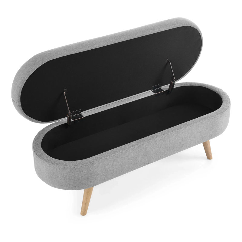 Banc de rangement en tissu plissé avec pieds en bois d'hévéa - Multifonctionnel (Repose-pieds / Siège / Rangement) - Gris