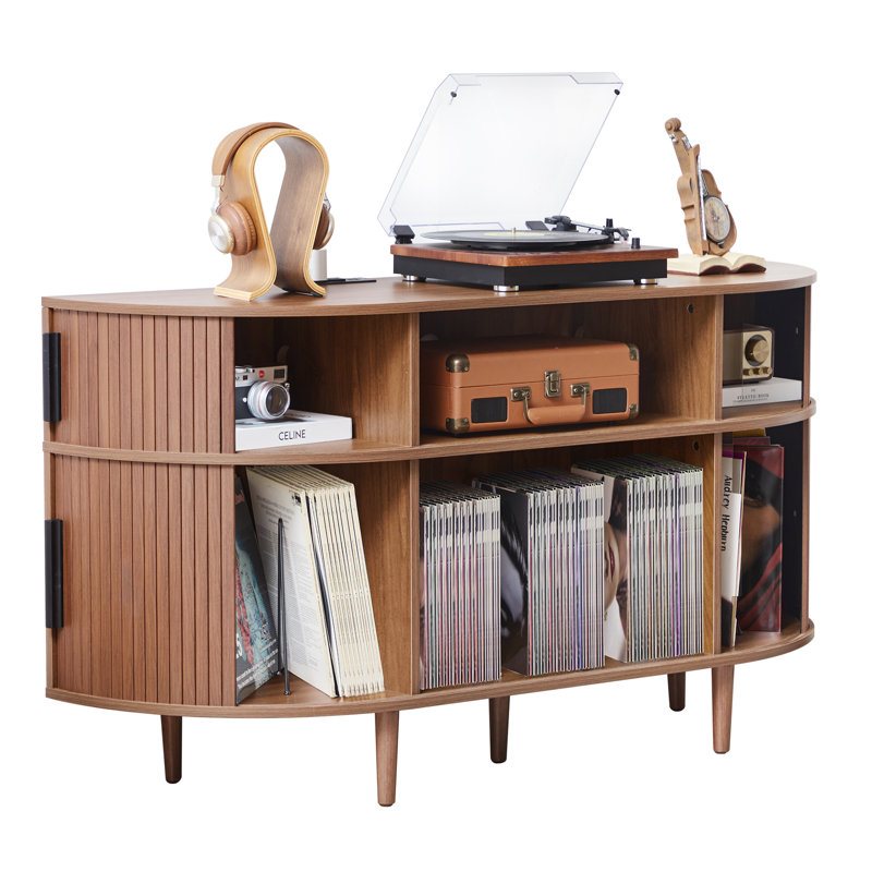 Half-Moon Record Player Stand With Charging Station, Walnut
