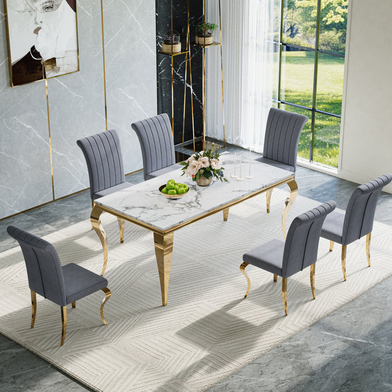 Ensemble repas avec plateau en faux marbre et chaises rembourrées, 5 pièces: table, 4 chaises, Doré / gris / doré
