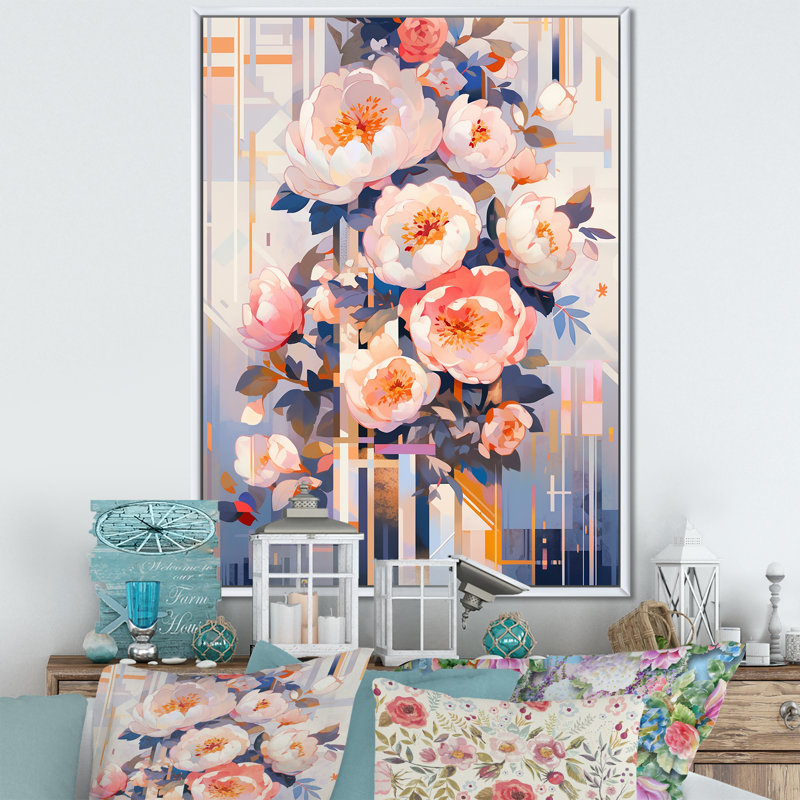 Rose Serenade Of Pivoines I sur toile, Cadre flottant blanc, H 44 po x l 34 po x P 1,5 po