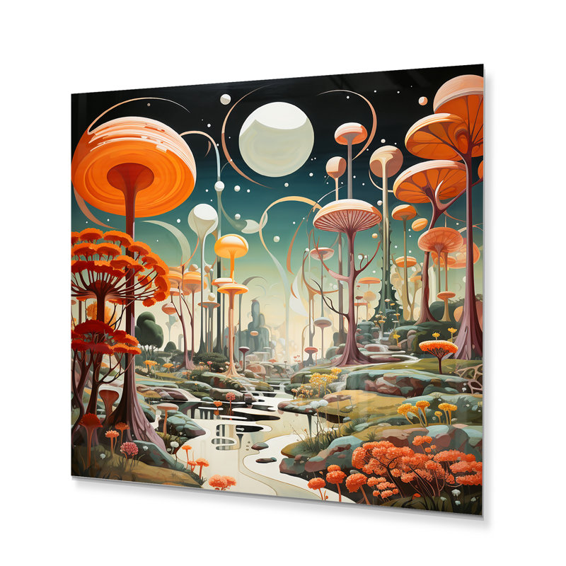 Coloré Mid-Century Mid-Century Mushroom Dreams I - Décoration murale Mid-Century en métal, H 16 po x l 16 po x P 1 po