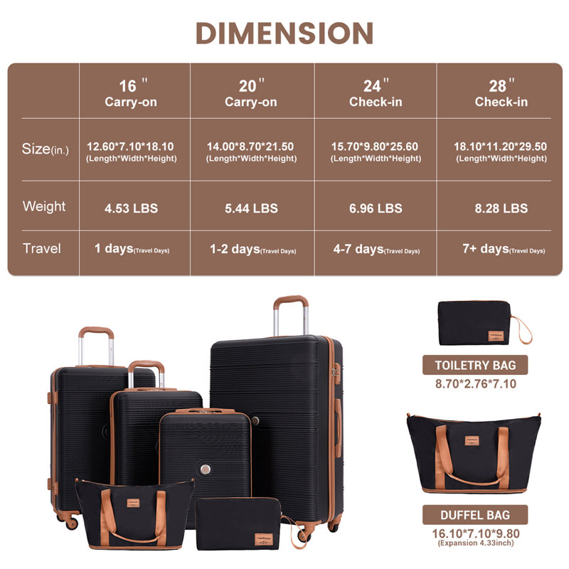 Ensemble 6 pièces de valises rigides Hardshell avec roulettes TSA Lock, H 29,92 po x l 19,69 po x P 10,83 po