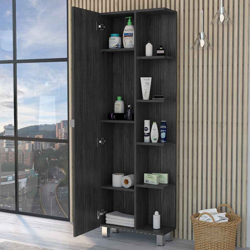 Los Angeles Linen  Cabinet, Five Shelves, One Cabinet, Divisions, Smoke, 62.2" H x 20.1" W x 8.4" D