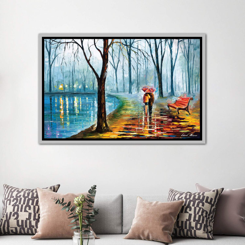 «Inside the Rain» par Leonid Afremov - reproduction d'art encadrée, H 40 po x l 60 po x 1,5 po, Toile avec cadre argenté