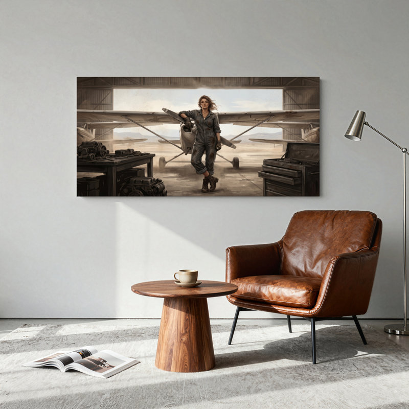 Ensemble de 1 tableau sur toile représentant une femme aviatrice, L 40 po x H 20 po, Toile tendue