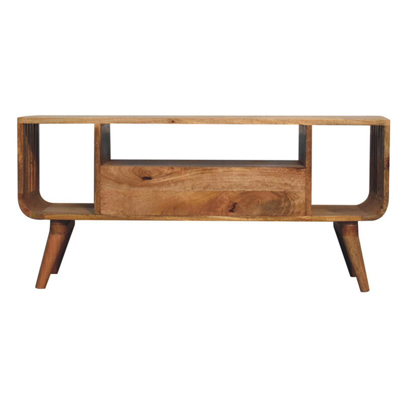 Solid Wood Soba Nordic Multi Media Unit, 2-Drawers, 3 Open-Slots, Light Brown