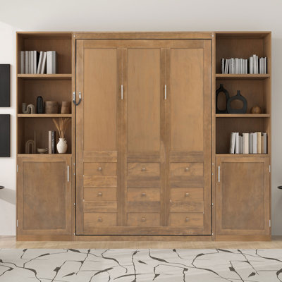 Grand lit escamotable avec tablettes et armoires de rangement, lit mural en bois peu encombrant
