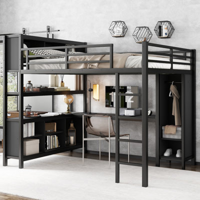 Lit mezzanine en métal avec garde-robe et bureau en forme de L, lit mezzanine grand format avec cubes de rangement et tablettes, lit mezzanine robuste pour enfants, adolescents, adultes, noir