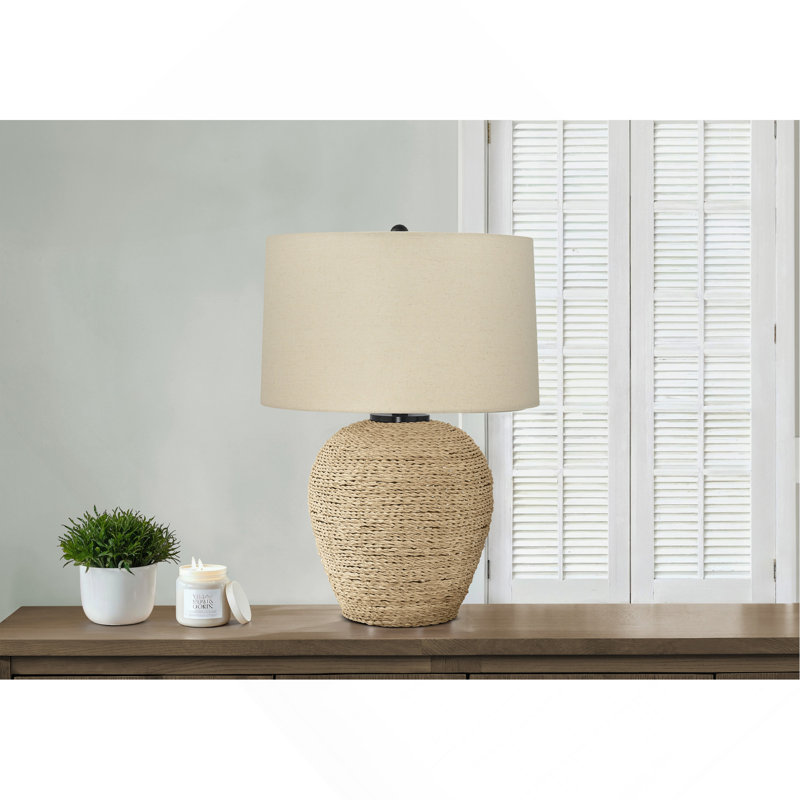 Lighting, H 25 po, lampe de table, rotin, abat-jour beige, transitionnel