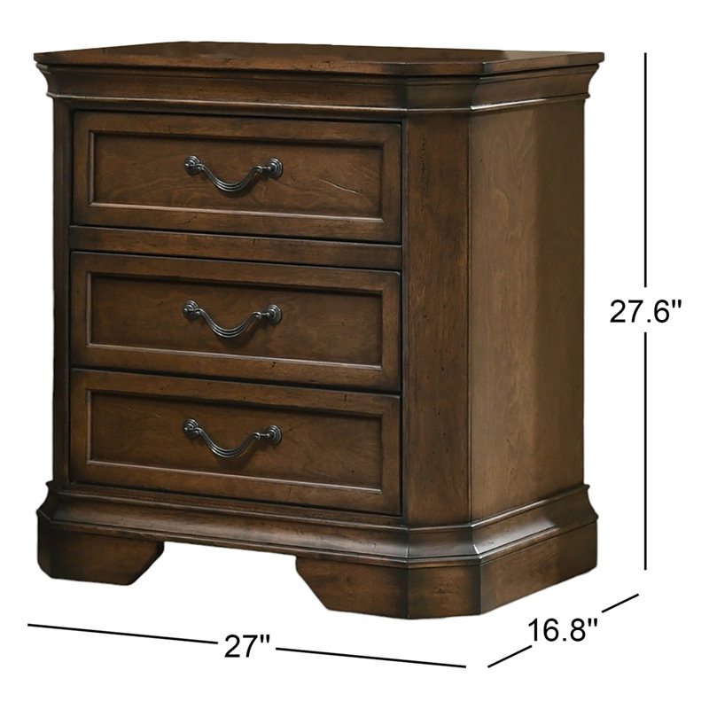 Ailany Traditional Wood 3-Drawer Nightstand, Brown
