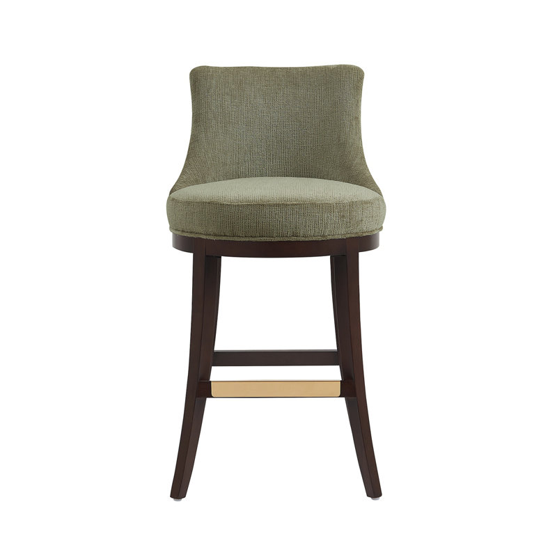Tabouret de comptoir en chenille Lucia avec pieds en bois de hêtre, Feuille verte