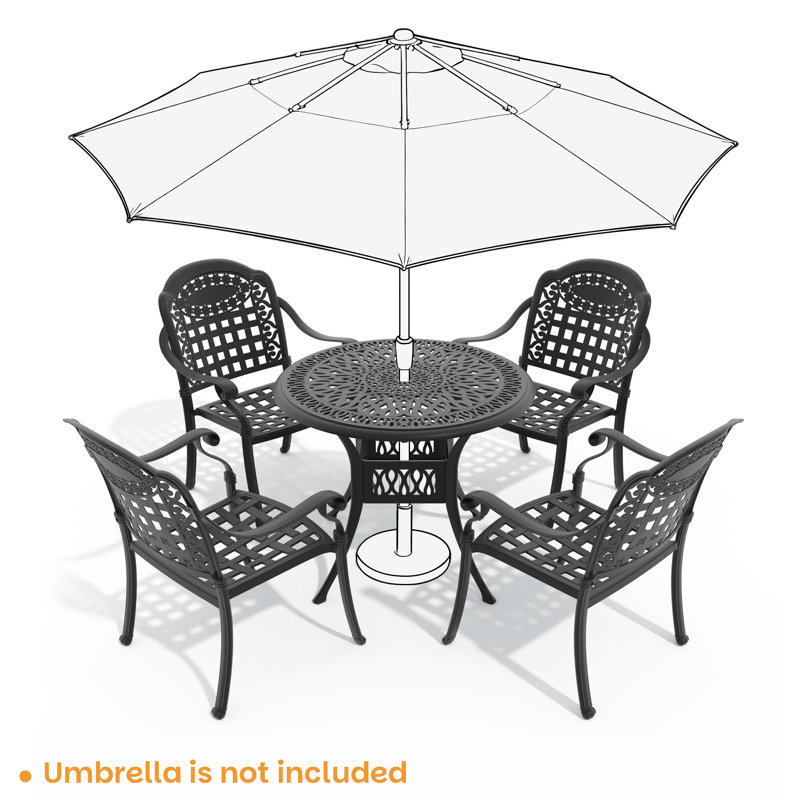 Ensemble de salle à manger rond de patio 5 pièces de 90 cm (35,43 po) avec trou pour parasol, 4 chaises empilables, coussins bleus