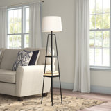 58" Modern Metal Etagere Floor Lamp with Shelves and Linen Shade