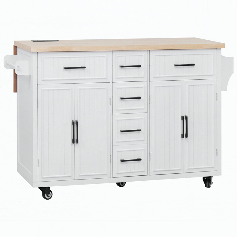 Kitchen Island with Drop Leaf and Built-In Charging Station, White, 38'' H X 56.5'' W X 16'' D