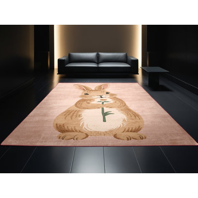 Tapis moelleux moelleux à motif abstrait moderne et contemporain de Pâques en beige - reliure rose