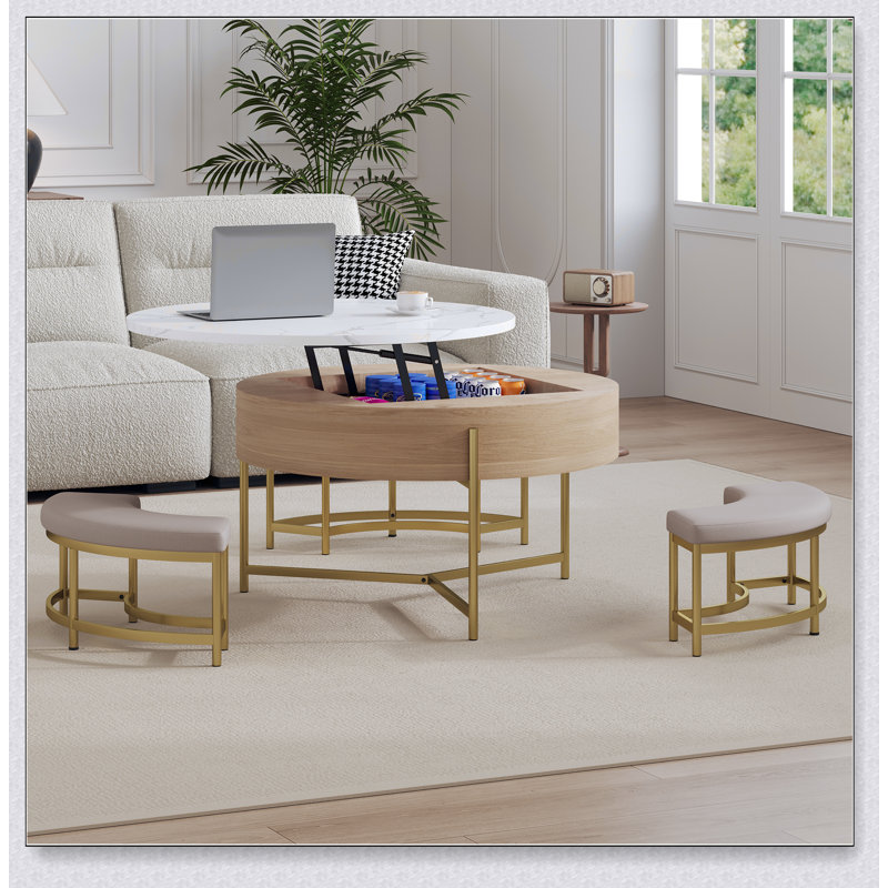 Table basse moderne à plateau relevable avec rangement et 3 repose-pieds, parfaite pour les espaces de vie élégants et fonctionnels