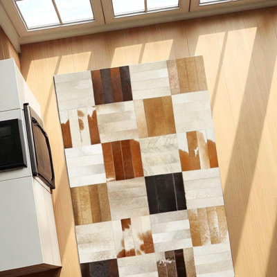 Multicolor Cowhide Patchwork Rug, Modern Checkered Leather Area Rug