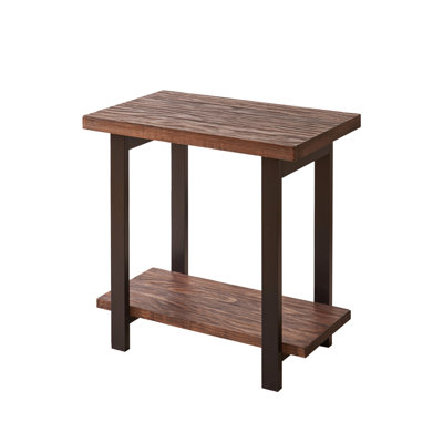 2-Tier Industrial End Table, Solid Wood Side Table with Distressed Pine Tabletop & Rubber Wood Legs, Farmhouse Storage Sofa Side Nightstand for Living