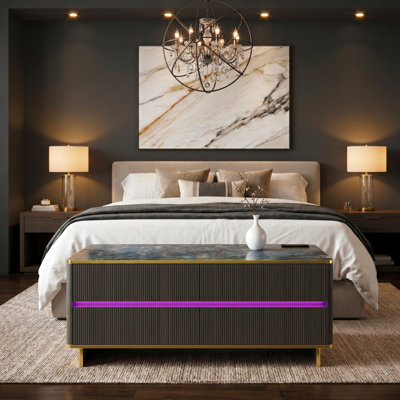 Smart Coffee Table With App-Controlled LED Lights & Charging Station | 4 Drawers + Open Back Shelf