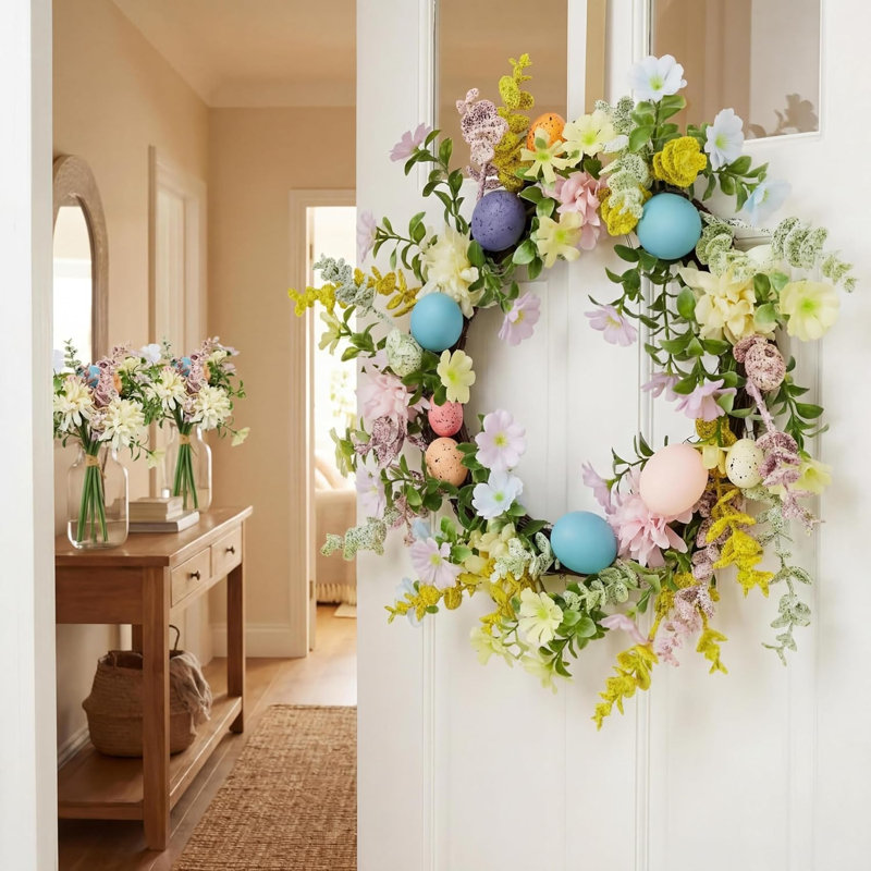 Couronne de Pâques, couronne florale de porte avec œufs et base en rotin 2 bouquets,  4 po x 18,11 po