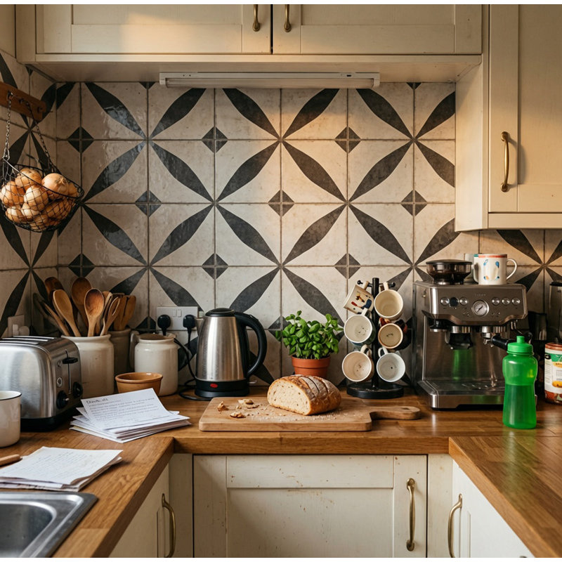 7" x 7" Vintage Black & White Floral Starburst Geometric Vinyl Peel and Stick Mosaic Tile