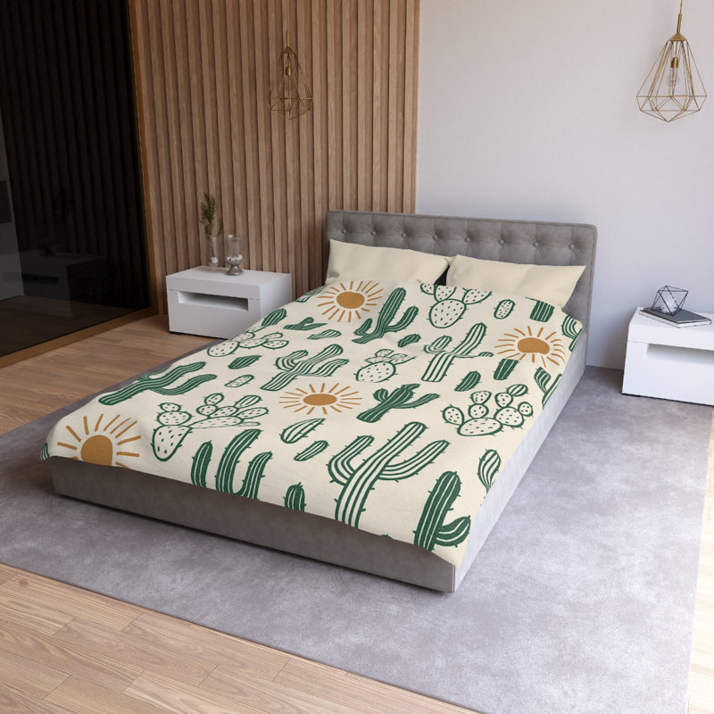Microfiber Duvet Cover Boho Style, Design 17, Twin Duvet Cover, Green/Yellow/Cream