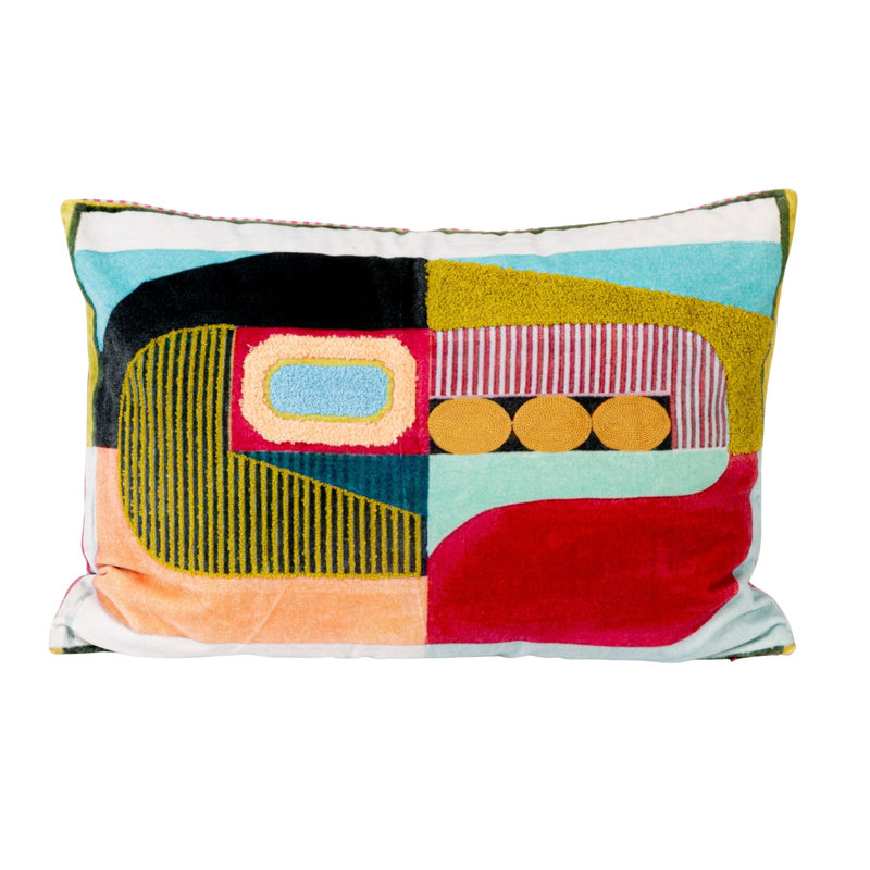 Coussin en velours de coton avec motif abstrait, broderie, capitonnage et dos rayé, Pink/White/Black