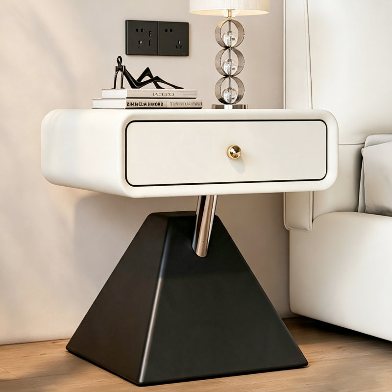 Table de chevet ovale minimaliste en bois massif blanc crème (19,69 po H x 17,72 po L), meuble d'appoint conique bicolore noir et blanc avec un seul tiroir