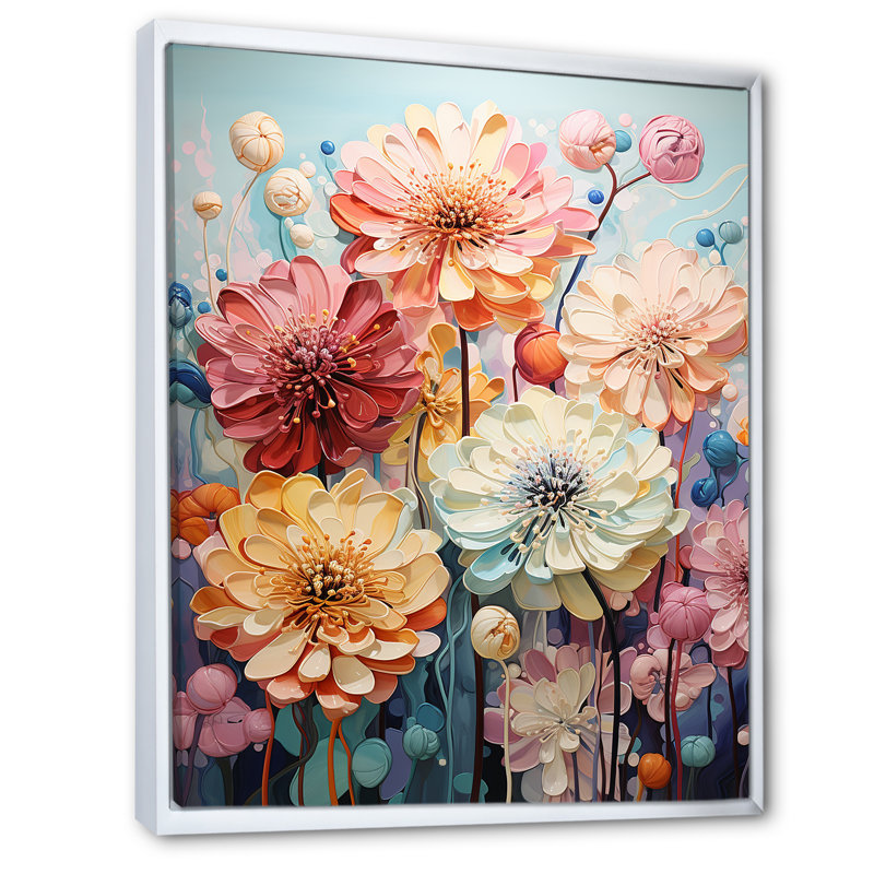 Zinnias Mute Tone Field sur impression sur toile, Cadre flottant blanc, H 44 po x l 34 po x P 1,5 po