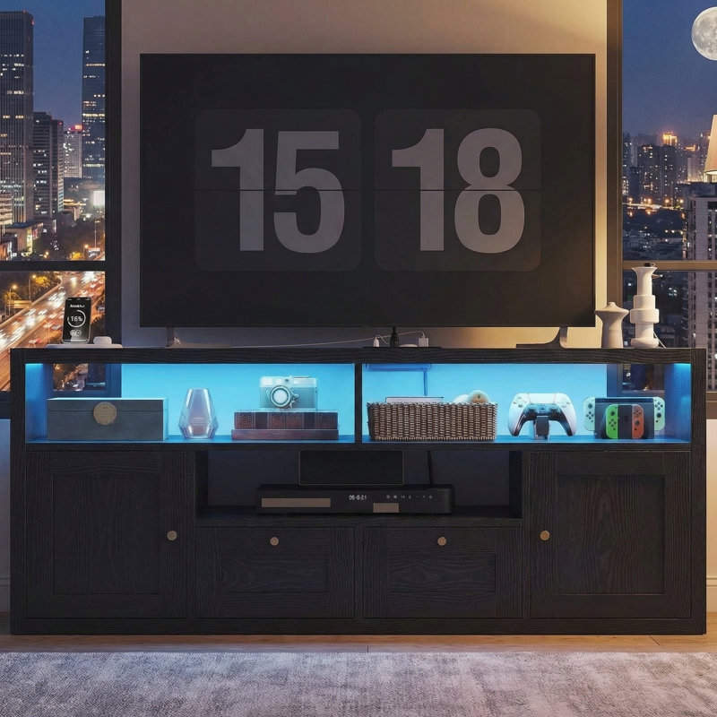 Meuble télé 57 po avec éclairage à DEL et station de charge USB, compatible avec les téléviseurs de 65 po ou moins